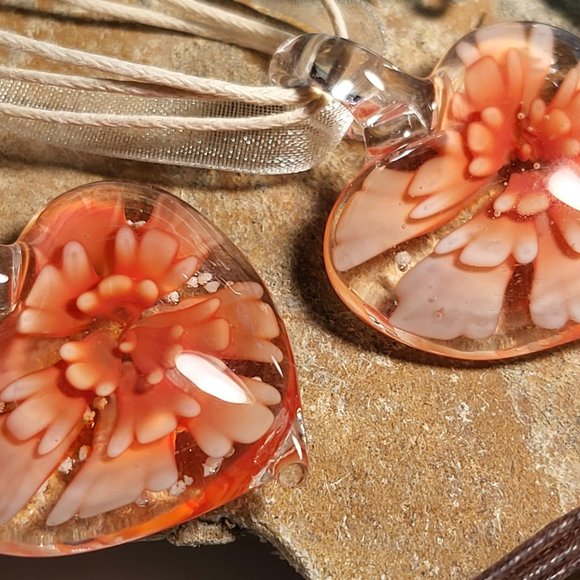 Handmade Murano Lampwork Glass Heart/Flower Pendant Necklace with Glow Flakes. - Picture 6 of 7